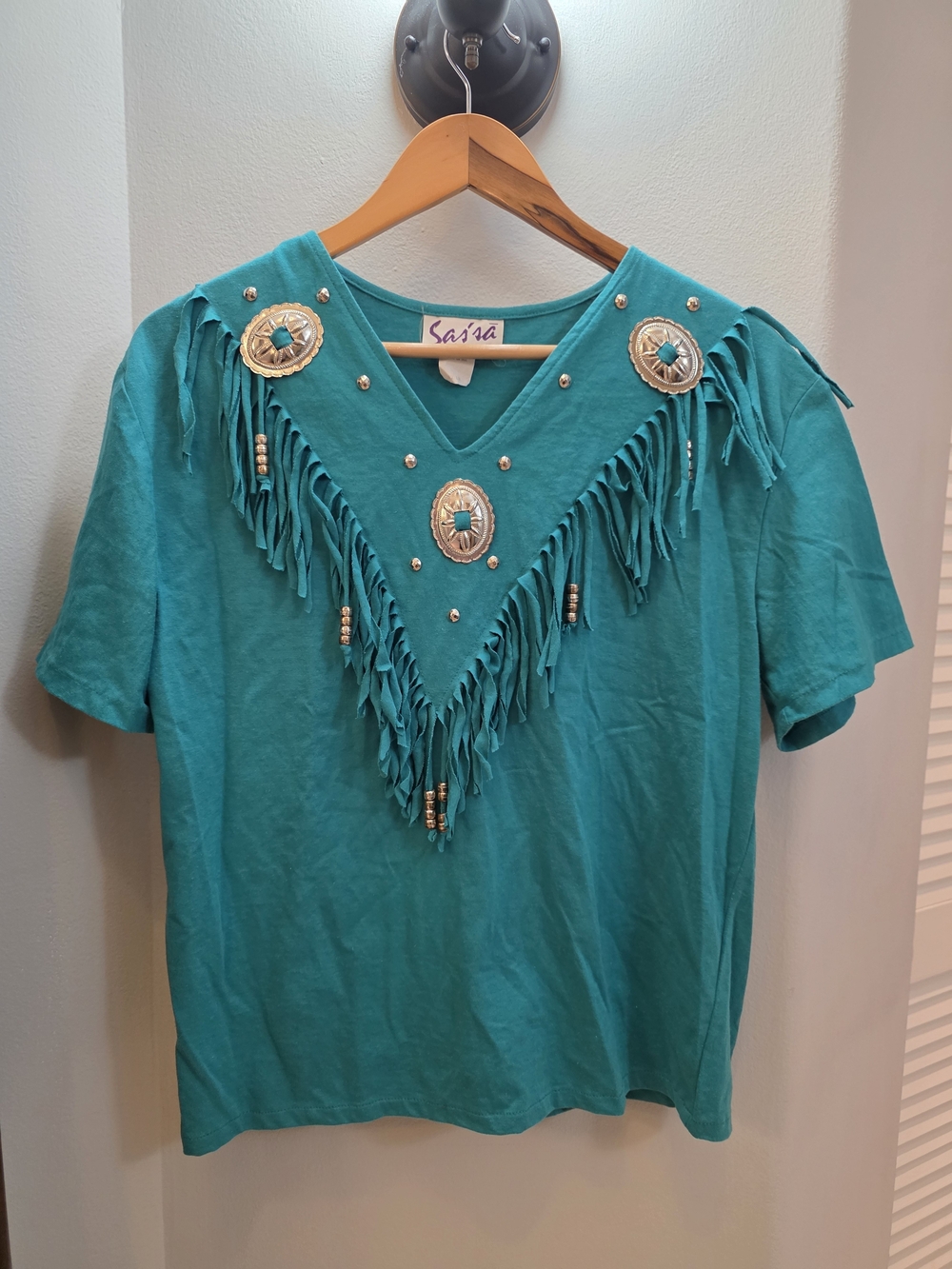 Vintage 80s or 90s Teal Fringe Embellished Western Rodea V-Neck Women’s Top L